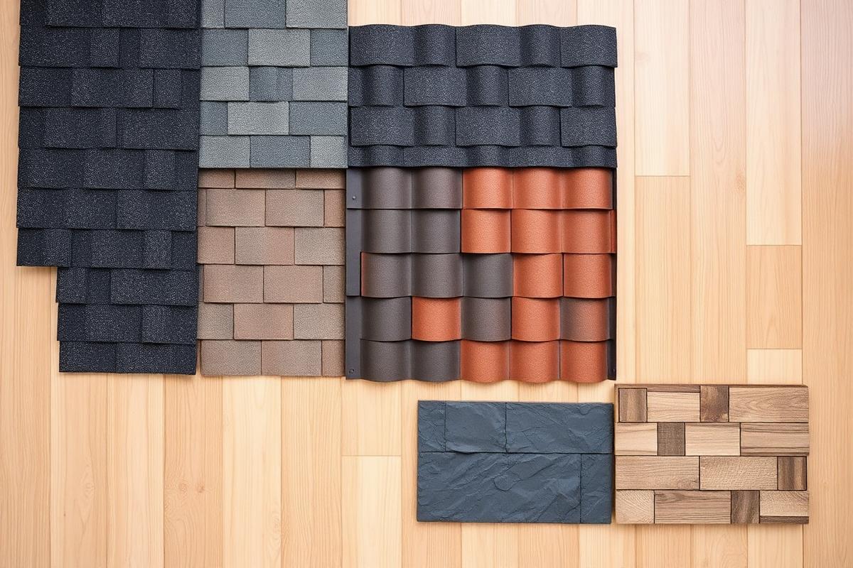 Roofing material samples: asphalt shingle, metal, tile, slate, cedar shake