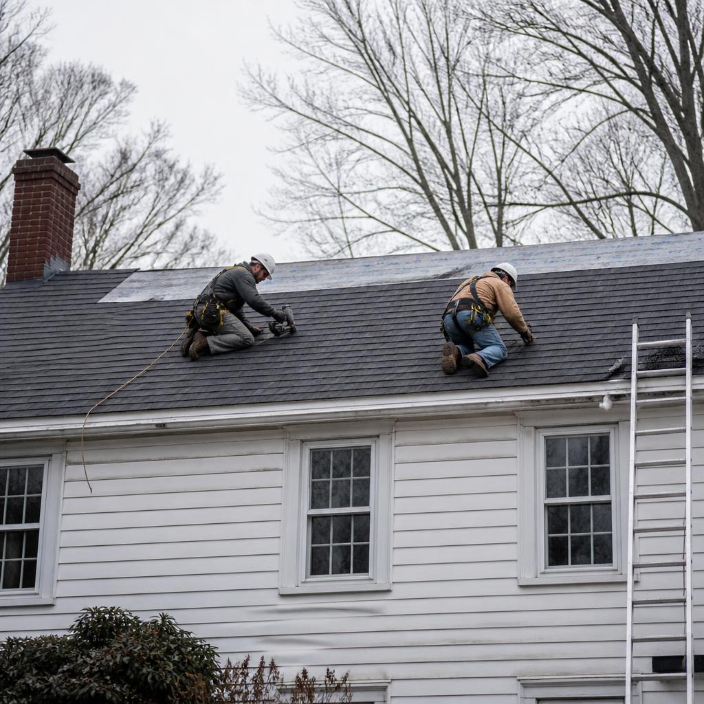 Roofing crew installing a new roof in Massachusetts