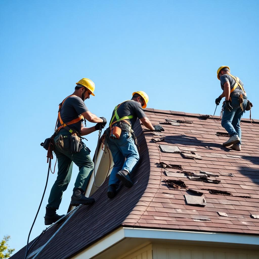 Roofing crew tearing off old shingles on a suburban home
