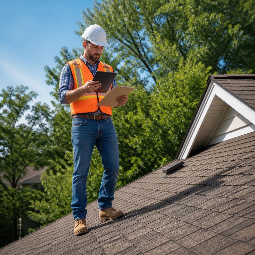Roofing contractor inspecting shingles with a tablet