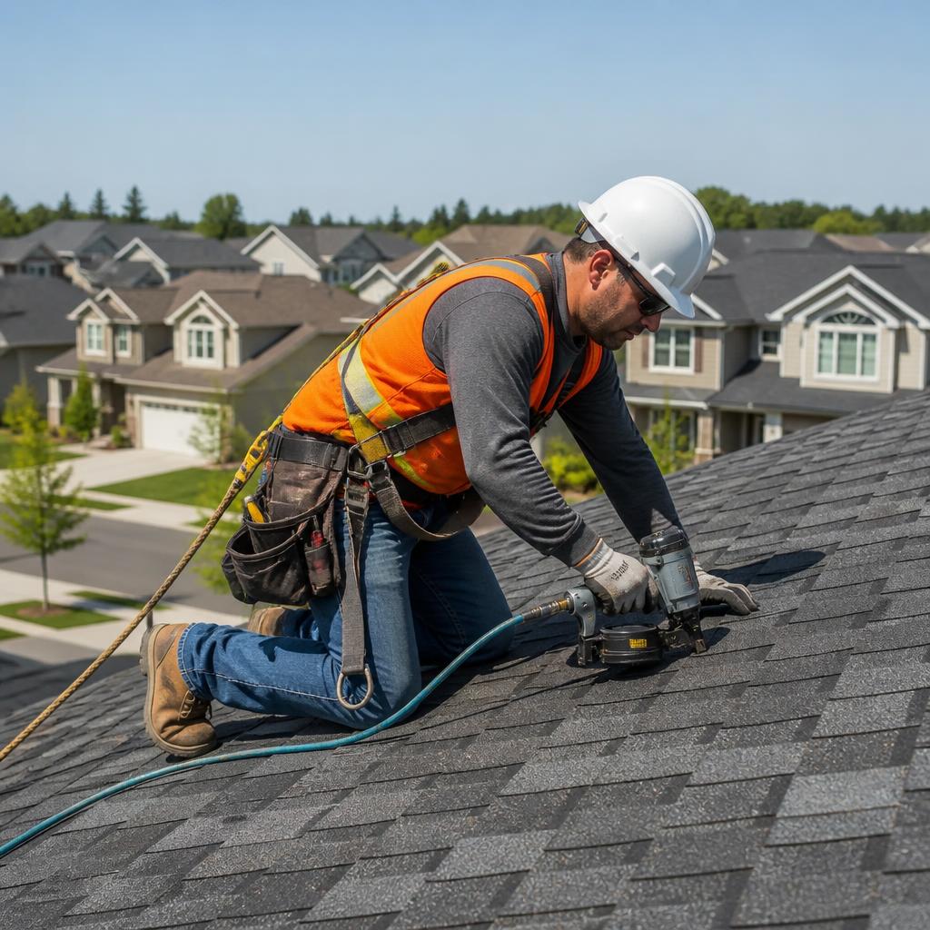 Roofer installing new architectural asphalt shingles at golden hour