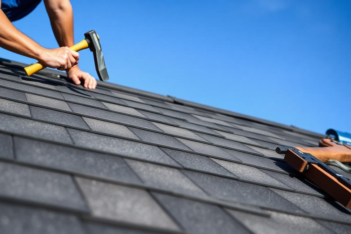 Roofing crew installing asphalt shingles